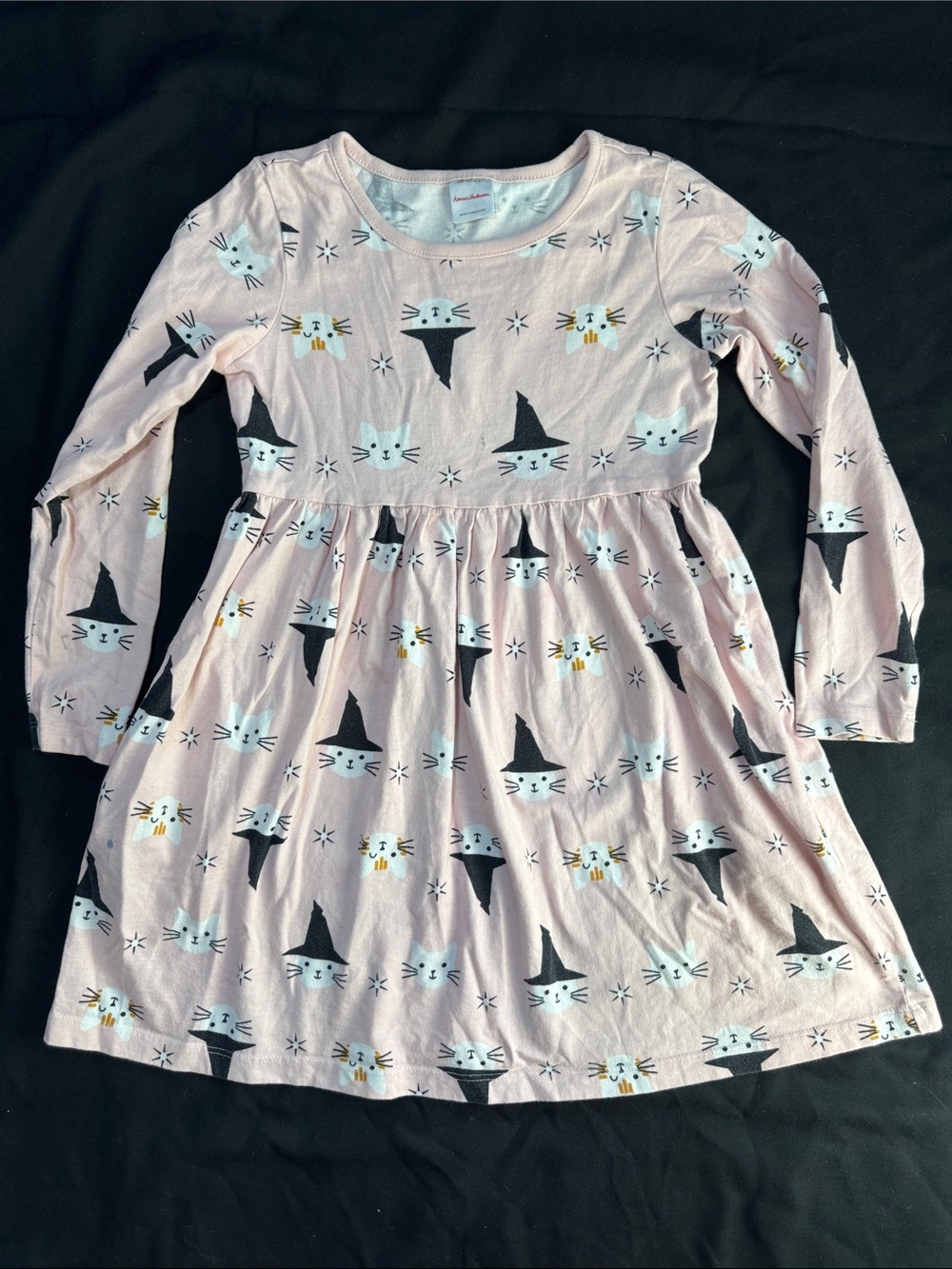 Hanna Andersson Pink Long-Sleeve Cat Witch Print Dress Size 6-7